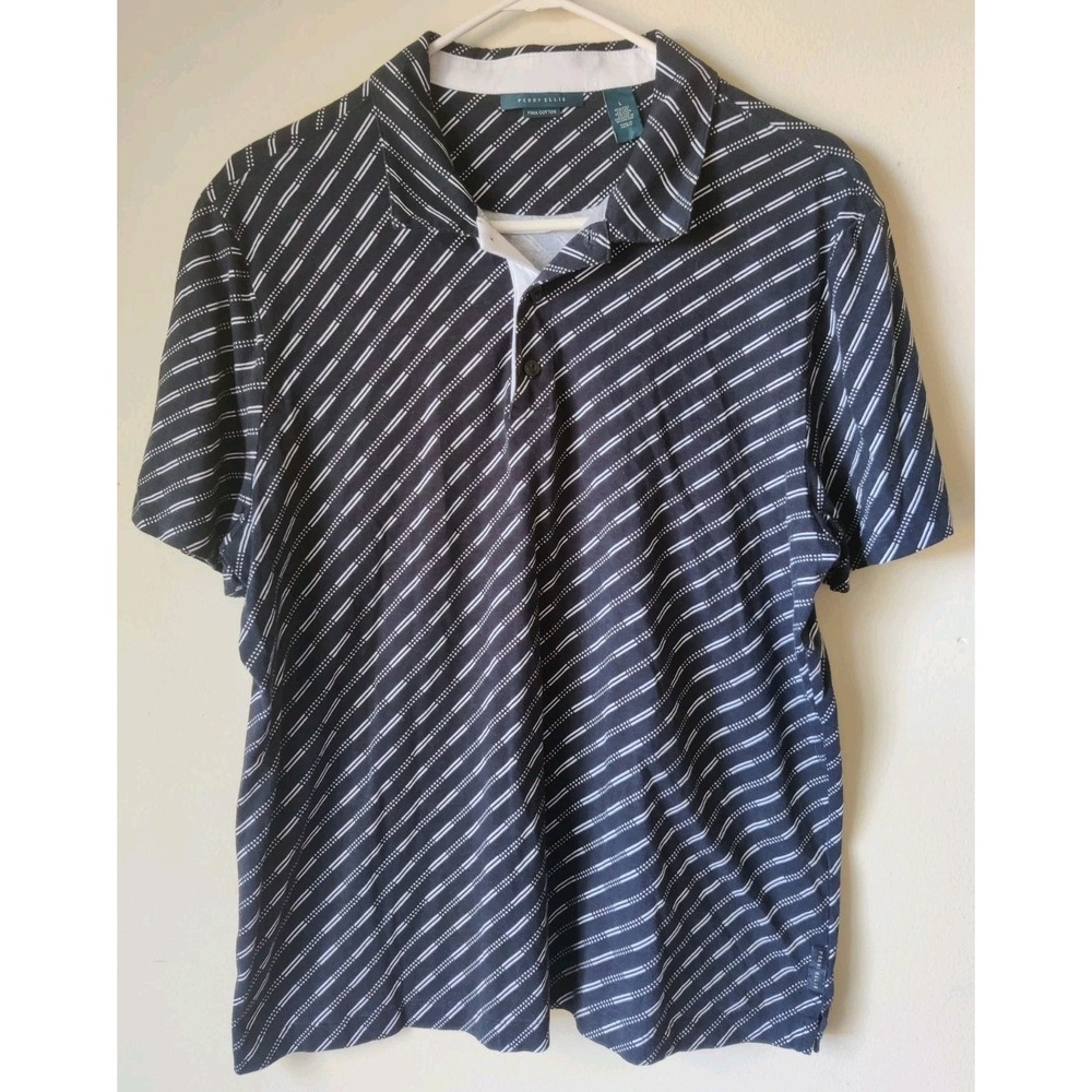 Perry Ellis Men's Line‎ Dot Print Short Sleeve Polo Pima Cotton Black/White Sz L